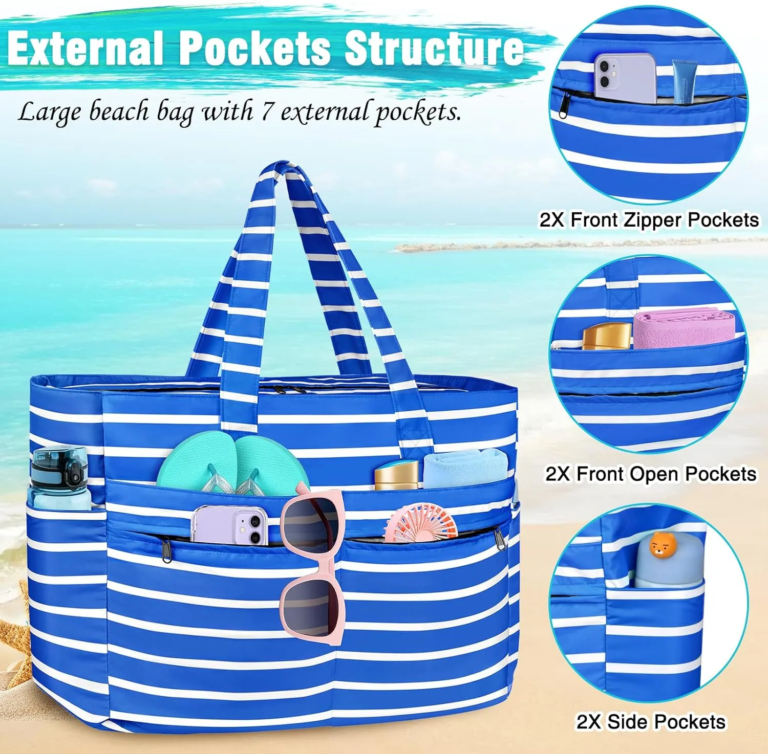 HUANLANG Extra Large Beach Bag Waterproof Beach Totes Bags for Women Men,Pool Bag with Zipper Wet Pocket