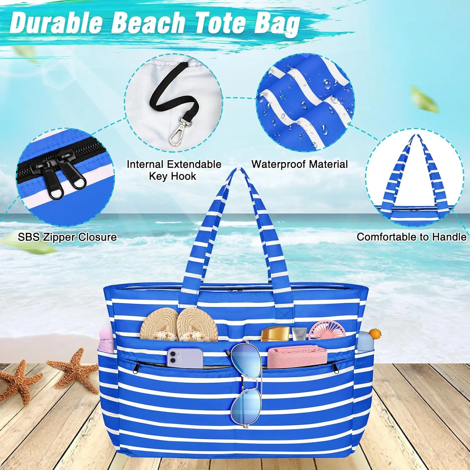 HUANLANG Extra Large Beach Bag Waterproof Beach Totes Bags for Women Men,Pool Bag with Zipper Wet Pocket