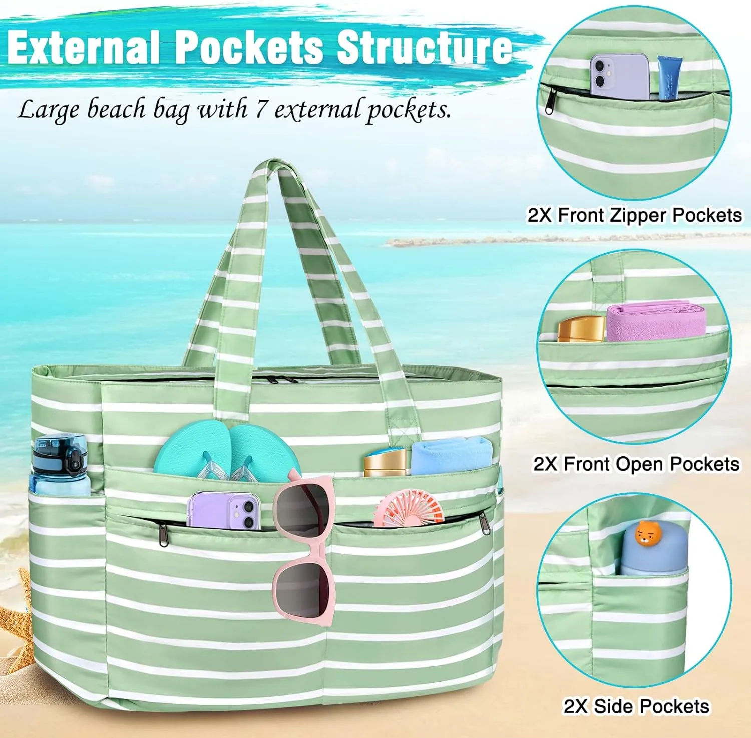 HUANLANG Extra Large Beach Bag Waterproof Beach Totes Bags for Women Men,Pool Bag with Zipper Wet Pocket