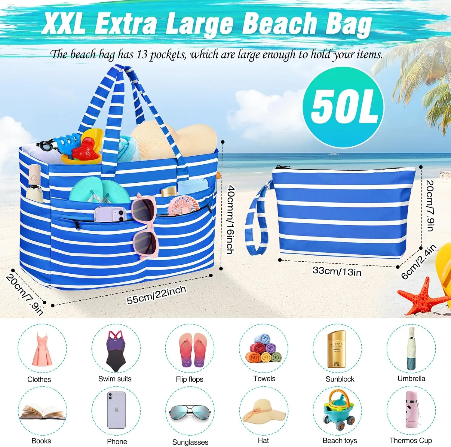 HUANLANG Extra Large Beach Bag Waterproof Beach Totes Bags for Women Men,Pool Bag with Zipper Wet Pocket