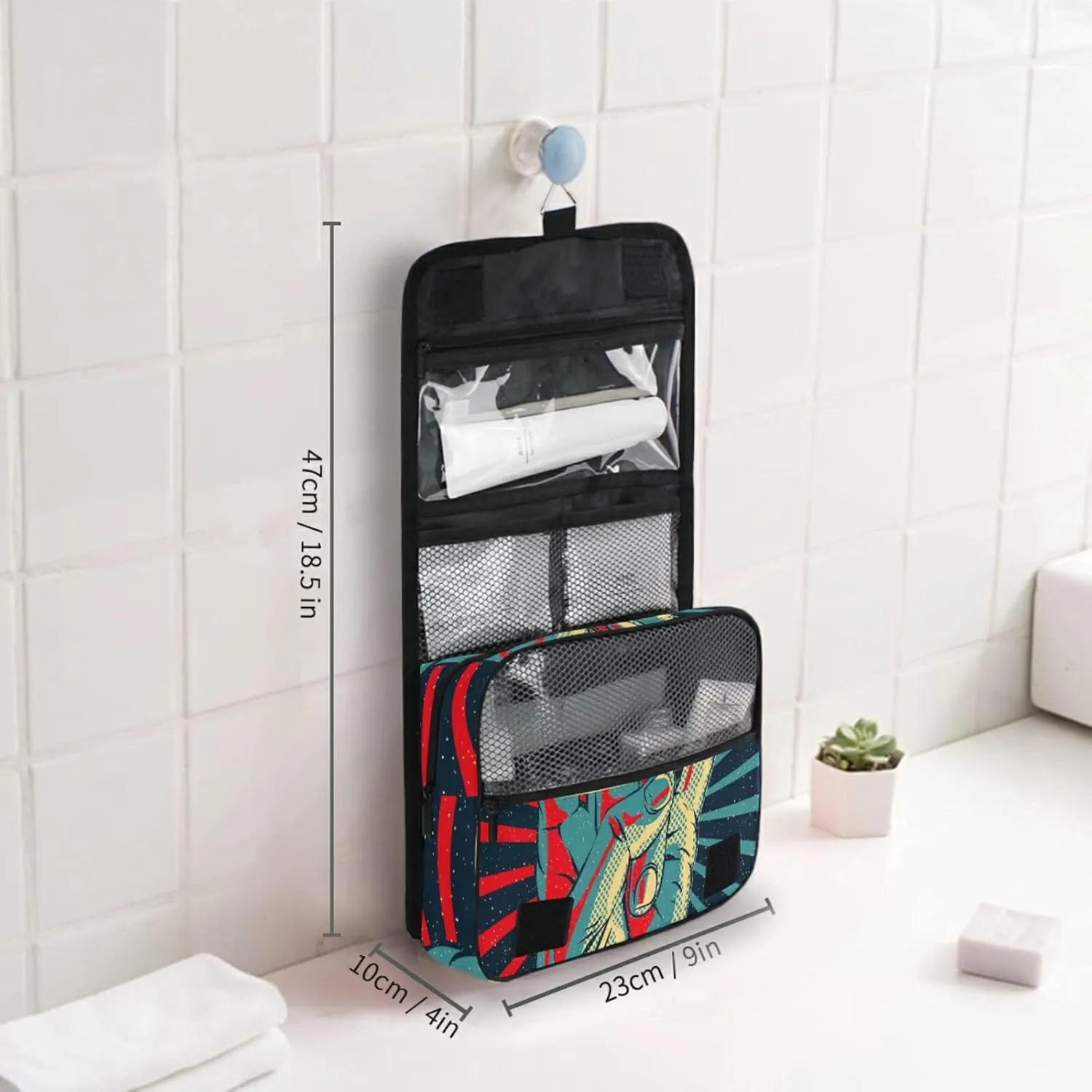 Human Hand Rock and Roll Sign on Red Black Sunshine Lights Travel Cosmetic Bag, Hanging Toiletry Wash bag, Portable Makeup Organizer Brush Case, Storage Bag with Hook for Bathroom Toilet