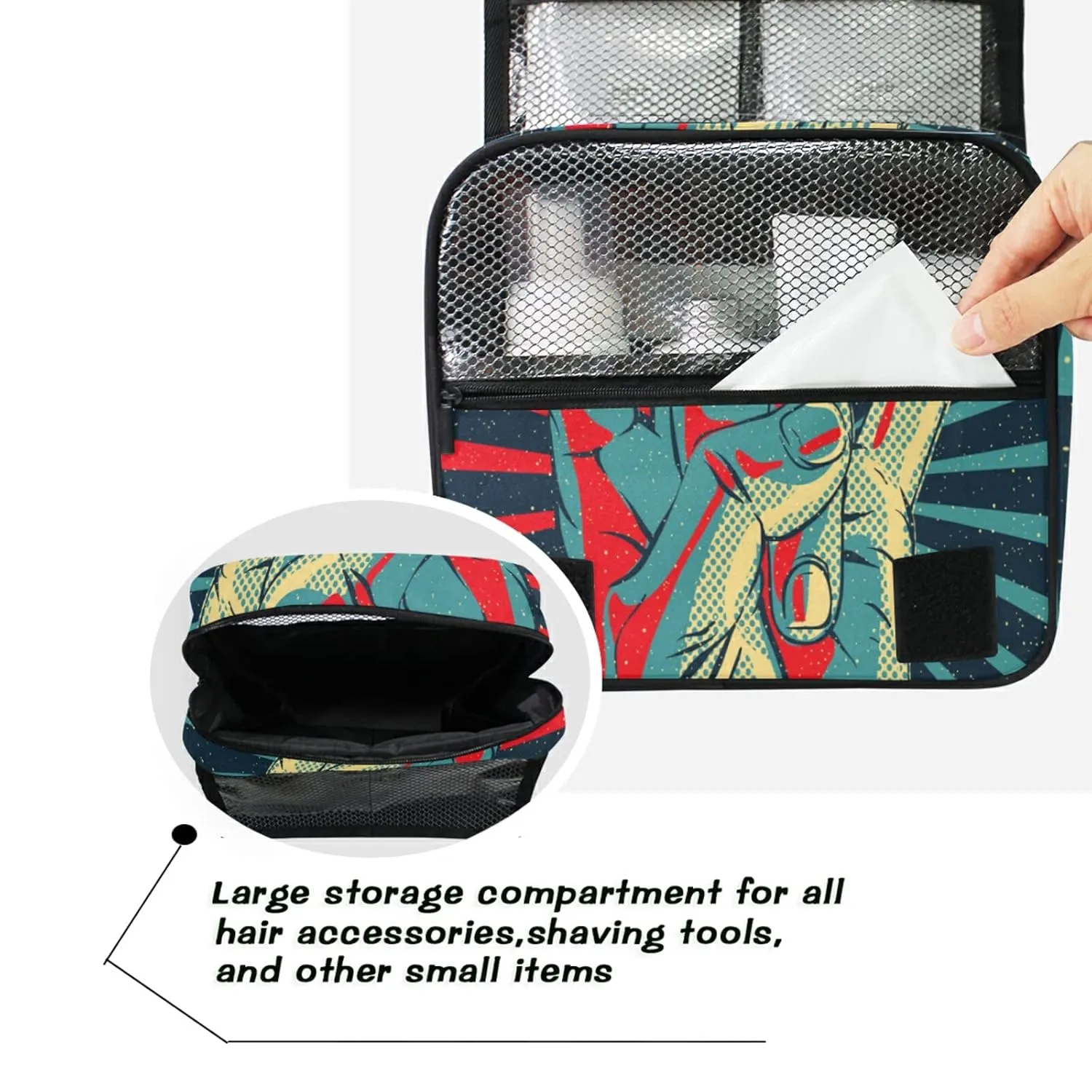 Human Hand Rock and Roll Sign on Red Black Sunshine Lights Travel Cosmetic Bag, Hanging Toiletry Wash bag, Portable Makeup Organizer Brush Case, Storage Bag with Hook for Bathroom Toilet