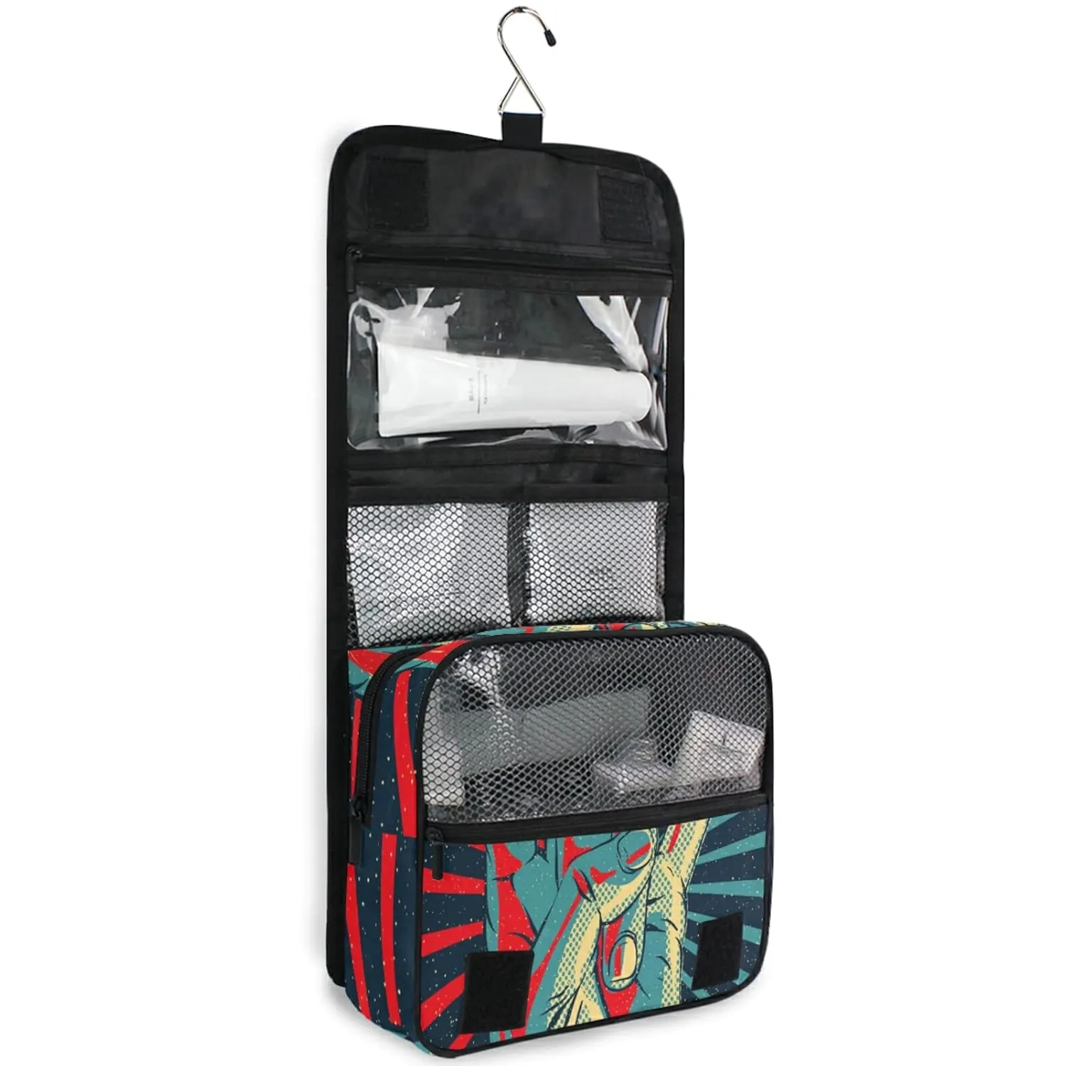 Human Hand Rock and Roll Sign on Red Black Sunshine Lights Travel Cosmetic Bag, Hanging Toiletry Wash bag, Portable Makeup Organizer Brush Case, Storage Bag with Hook for Bathroom Toilet