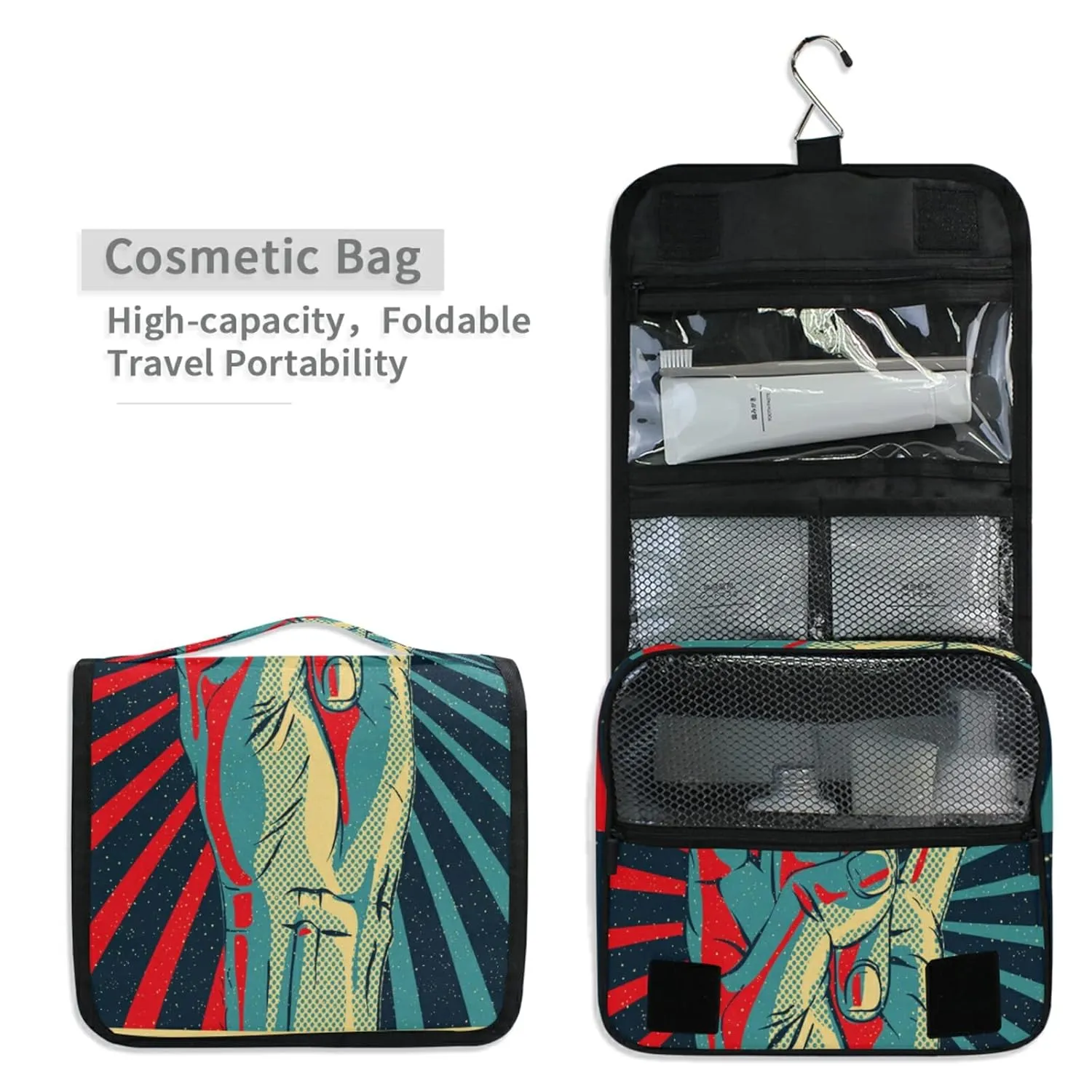 Human Hand Rock and Roll Sign on Red Black Sunshine Lights Travel Cosmetic Bag, Hanging Toiletry Wash bag, Portable Makeup Organizer Brush Case, Storage Bag with Hook for Bathroom Toilet
