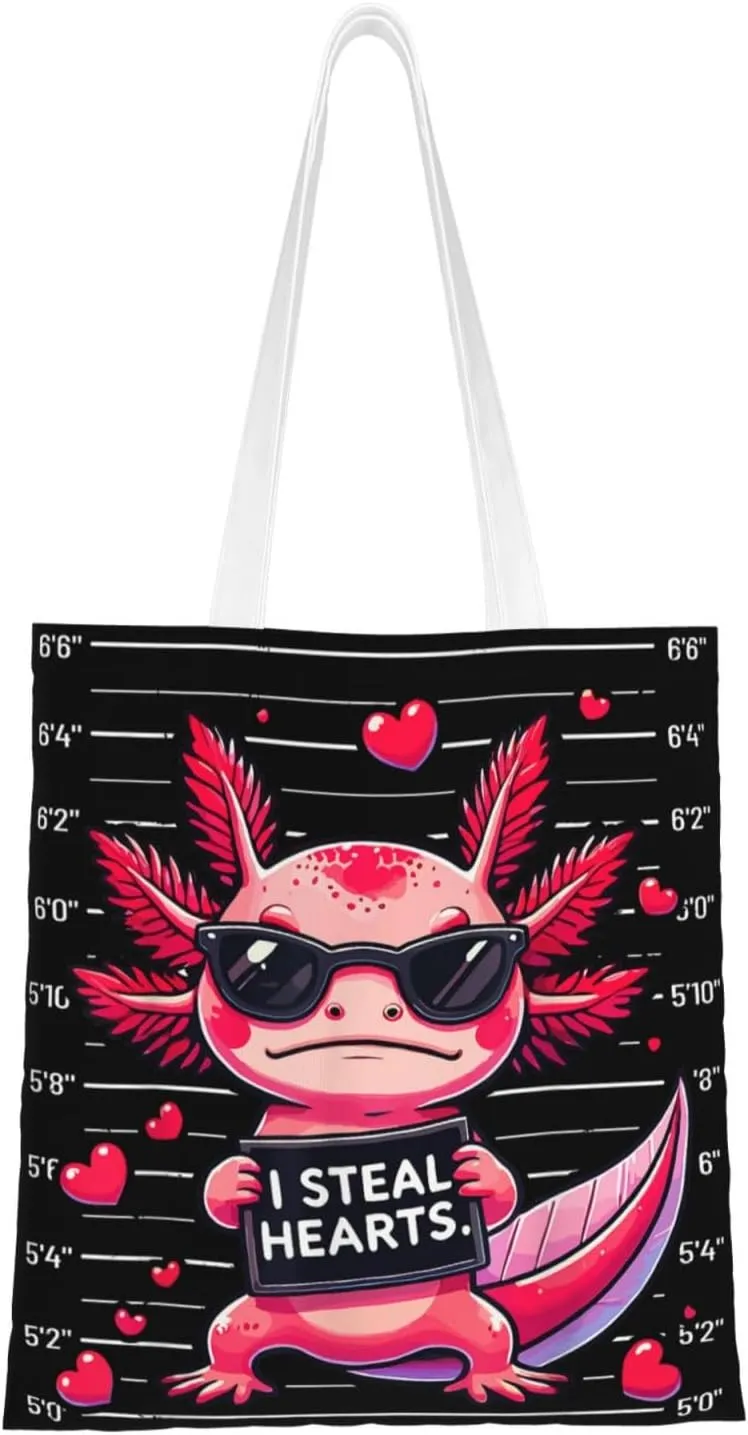 I Steal Hearts Axolotls Canvas Tote Bag - Reusable Shoulder Tote Bag For Women Lady Casual Vacation, Shopping, Work, Gym