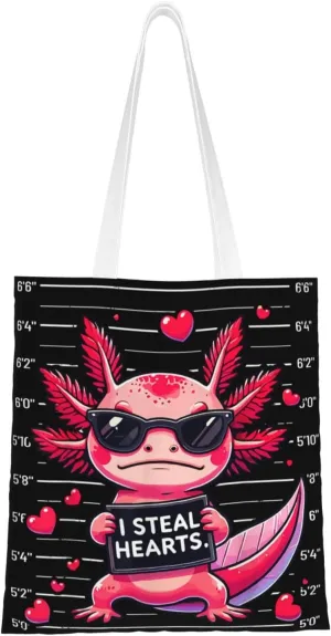 I Steal Hearts Axolotls Canvas Tote Bag - Reusable Shoulder Tote Bag For Women Lady Casual Vacation, Shopping, Work, Gym