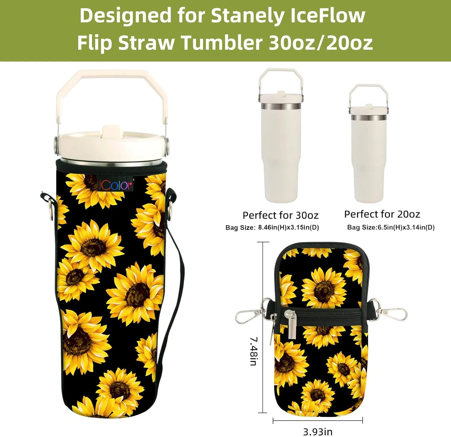 icolor Water Bottle Carrier Bag for Stanley IceFlow Flip Straw Tumbler 20/30oz Stanley IceFlow Mug Carrying Holder Neoprene Sleeve Stanley Cup Accessories Pouch Crossbody Sling for Travel Fitness