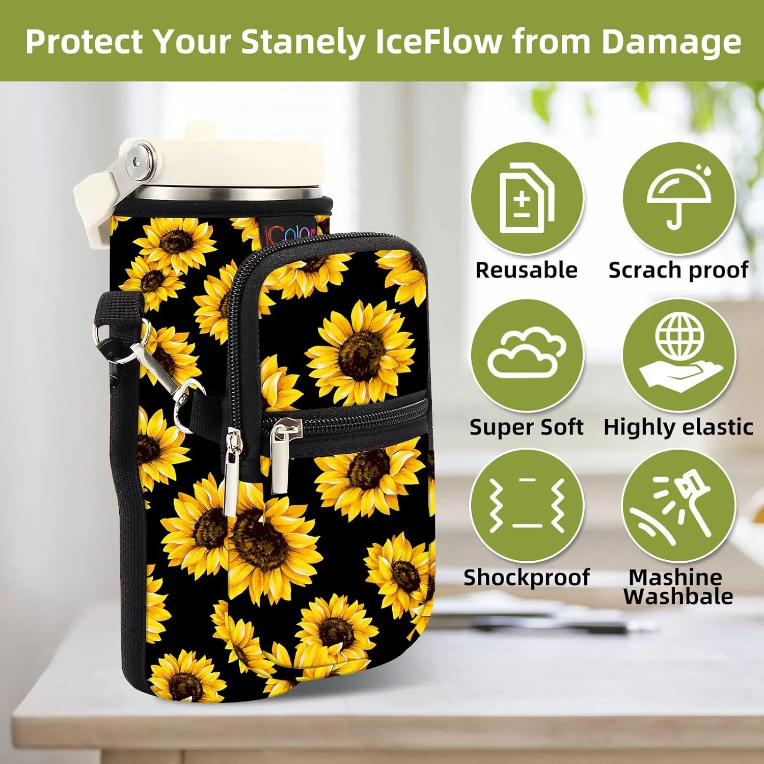 icolor Water Bottle Carrier Bag for Stanley IceFlow Flip Straw Tumbler 20/30oz Stanley IceFlow Mug Carrying Holder Neoprene Sleeve Stanley Cup Accessories Pouch Crossbody Sling for Travel Fitness