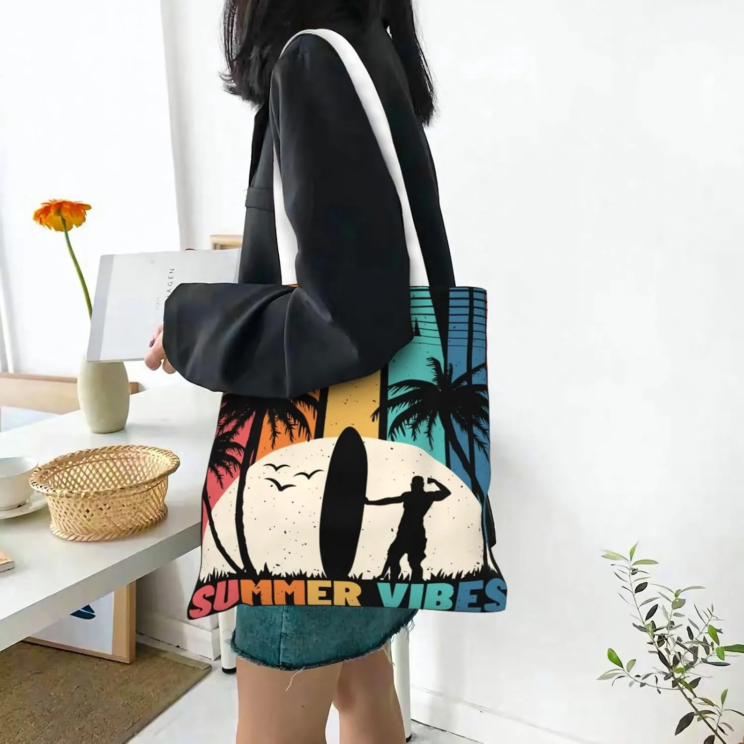 I'd Rather Be In Hawaii Canvas Tote Bag for Women Reusable Grocery Shoulder Bags Shopping Handbags