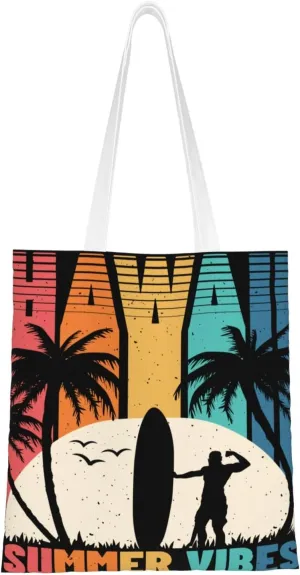 I'd Rather Be In Hawaii Canvas Tote Bag for Women Reusable Grocery Shoulder Bags Shopping Handbags