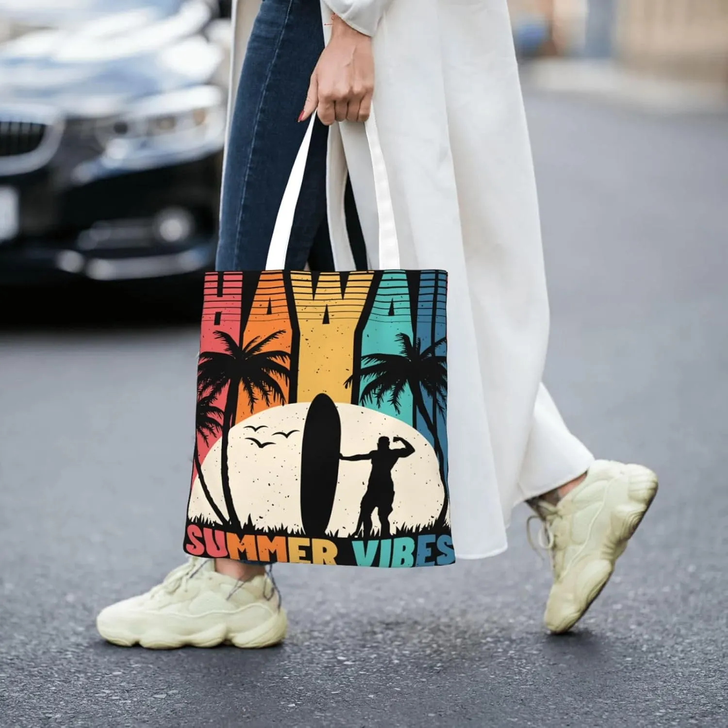 I'd Rather Be In Hawaii Canvas Tote Bag for Women Reusable Grocery Shoulder Bags Shopping Handbags
