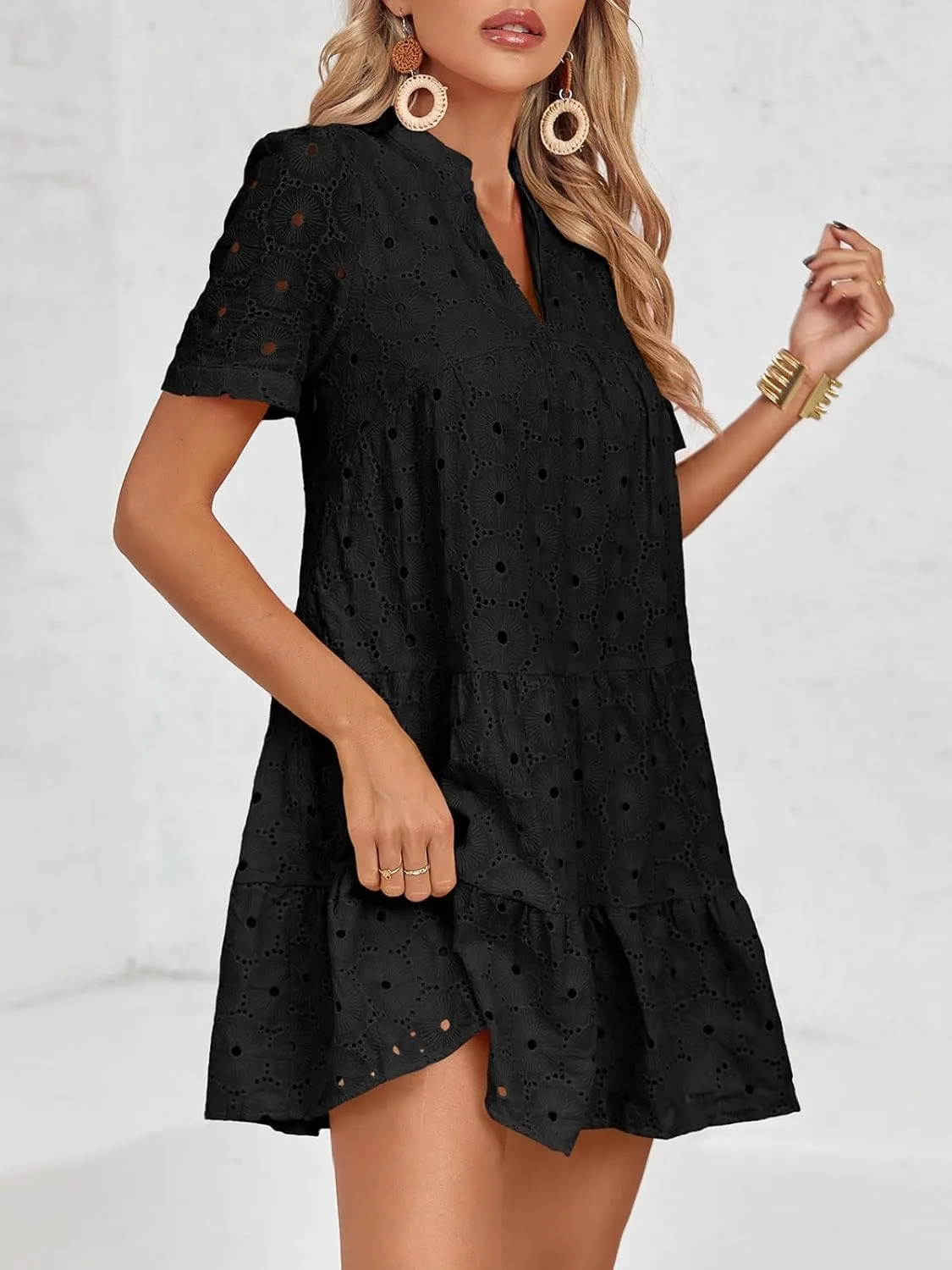 Imily Bela Womens Summer Lace Dresses Eyelet Casual Flowy Babydoll Swing Short Sleeve V Neck Tunic Dress