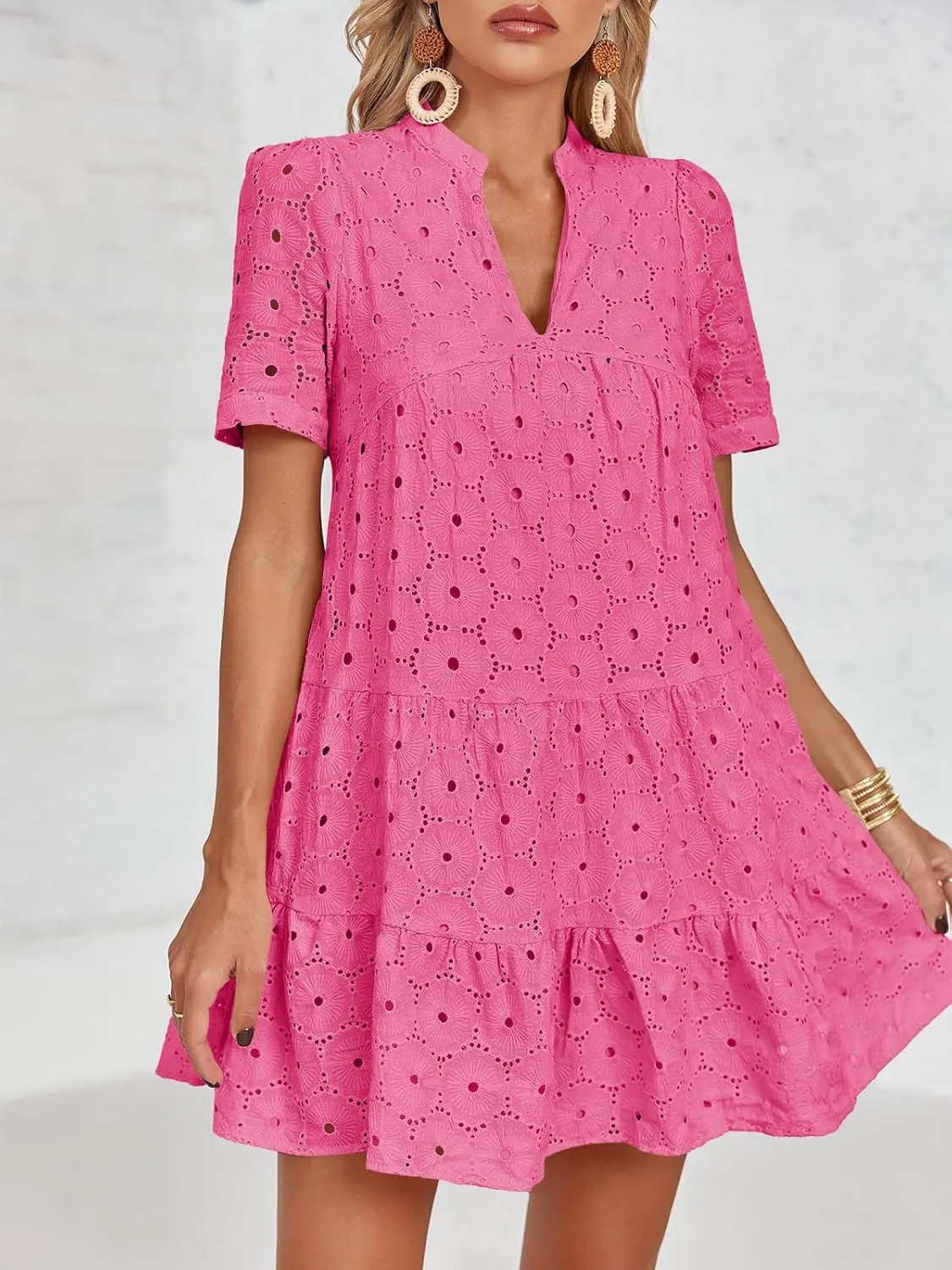 Imily Bela Womens Summer Lace Dresses Eyelet Casual Flowy Babydoll Swing Short Sleeve V Neck Tunic Dress