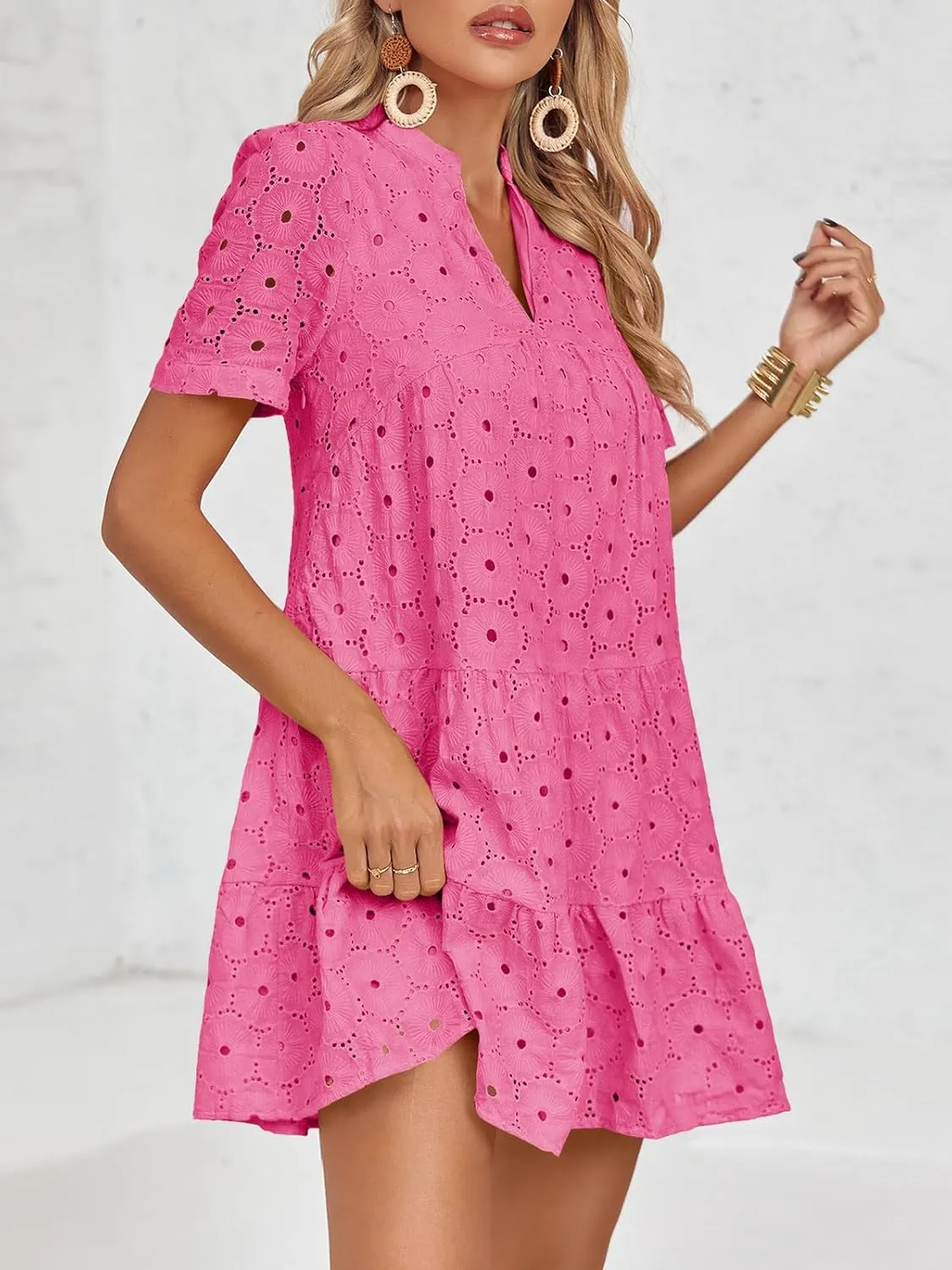 Imily Bela Womens Summer Lace Dresses Eyelet Casual Flowy Babydoll Swing Short Sleeve V Neck Tunic Dress