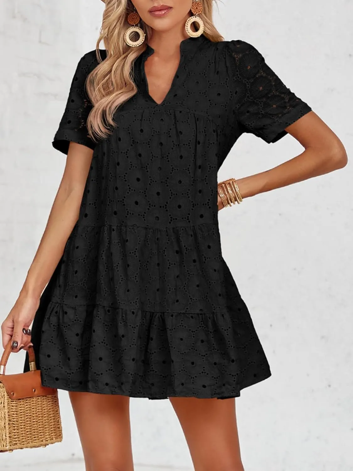 Imily Bela Womens Summer Lace Dresses Eyelet Casual Flowy Babydoll Swing Short Sleeve V Neck Tunic Dress