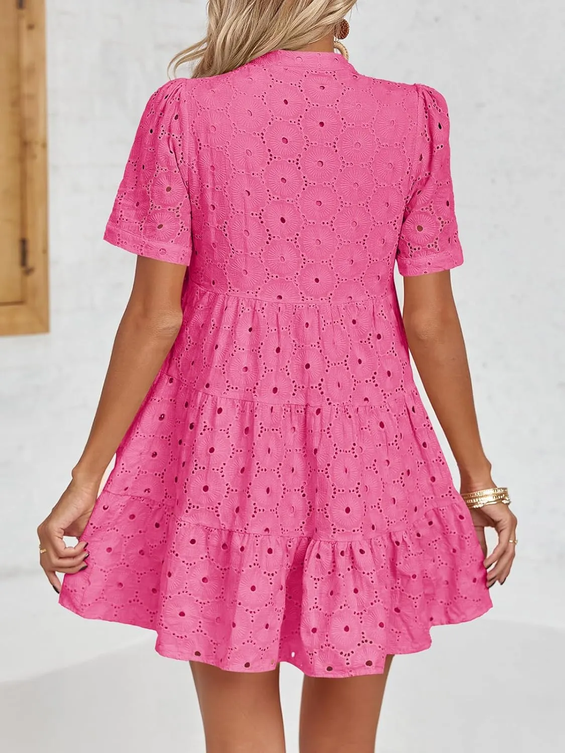 Imily Bela Womens Summer Lace Dresses Eyelet Casual Flowy Babydoll Swing Short Sleeve V Neck Tunic Dress