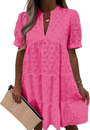 Imily Bela Womens Summer Lace Dresses Eyelet Casual Flowy Babydoll Swing Short Sleeve V Neck Tunic Dress
