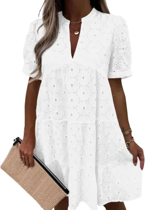 Imily Bela Womens Summer Lace Dresses Eyelet Casual Flowy Babydoll Swing Short Sleeve V Neck Tunic Dress