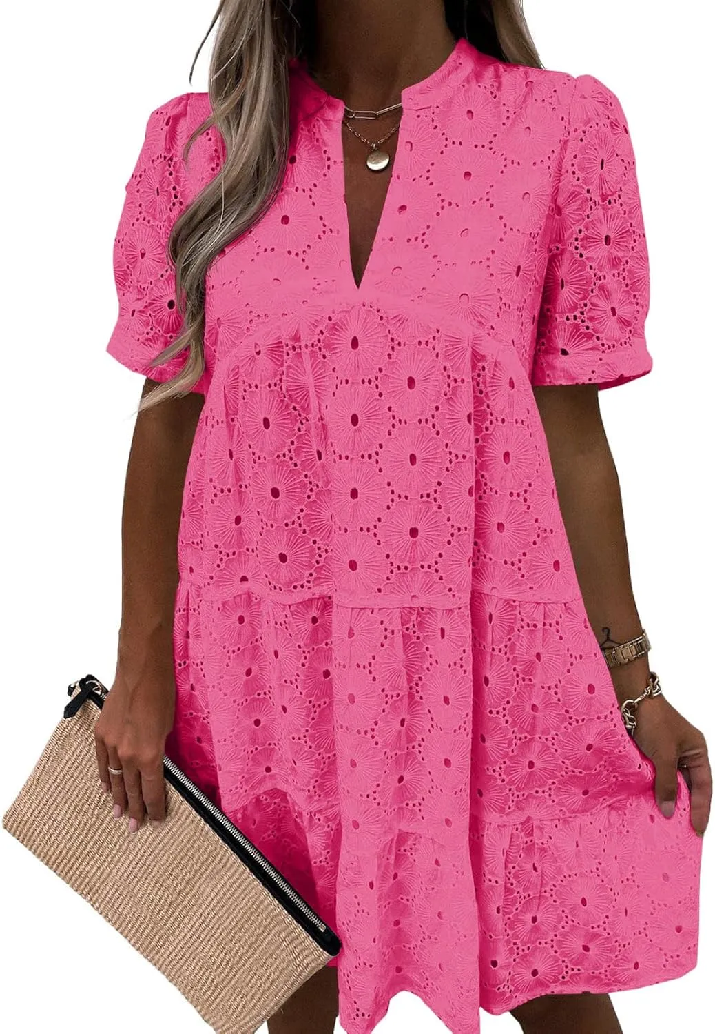 Imily Bela Womens Summer Lace Dresses Eyelet Casual Flowy Babydoll Swing Short Sleeve V Neck Tunic Dress