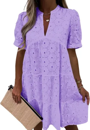 Imily Bela Womens Summer Lace Dresses Eyelet Casual Flowy Babydoll Swing Short Sleeve V Neck Tunic Dress