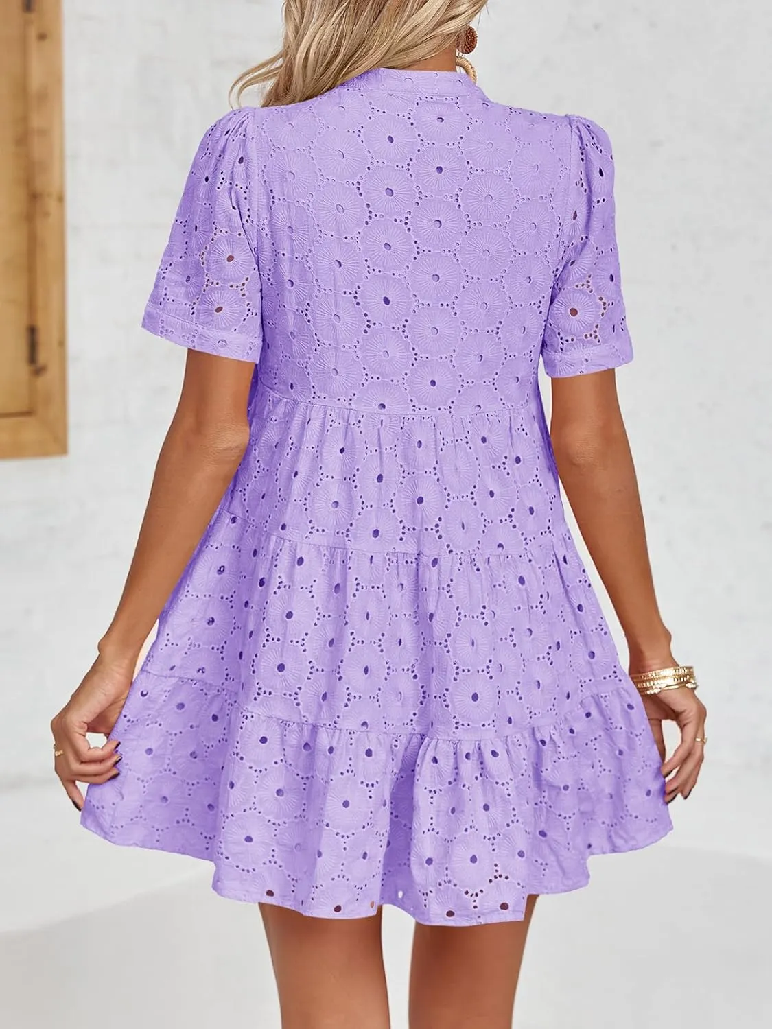 Imily Bela Womens Summer Lace Dresses Eyelet Casual Flowy Babydoll Swing Short Sleeve V Neck Tunic Dress