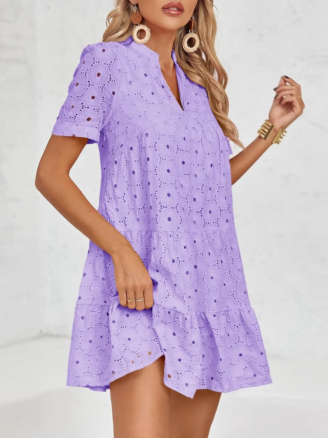 Imily Bela Womens Summer Lace Dresses Eyelet Casual Flowy Babydoll Swing Short Sleeve V Neck Tunic Dress
