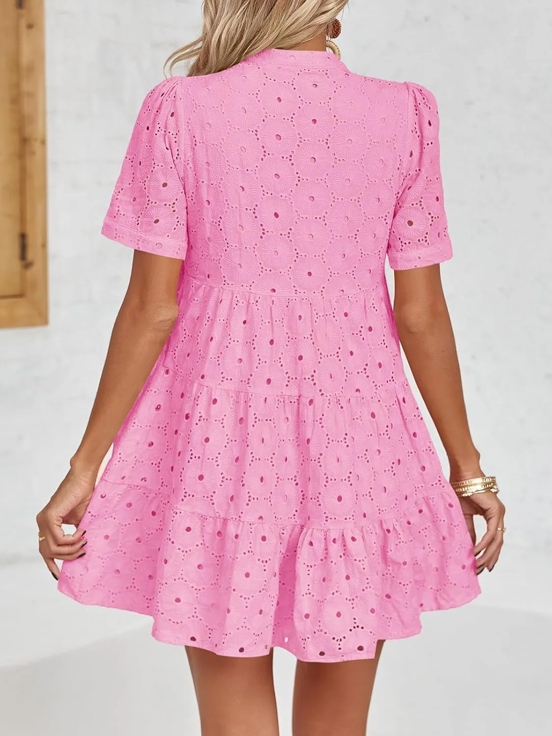 Imily Bela Womens Summer Lace Dresses Eyelet Casual Flowy Babydoll Swing Short Sleeve V Neck Tunic Dress