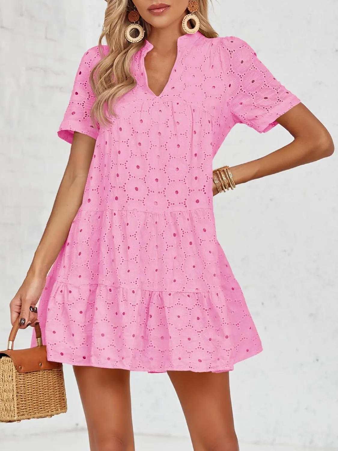 Imily Bela Womens Summer Lace Dresses Eyelet Casual Flowy Babydoll Swing Short Sleeve V Neck Tunic Dress