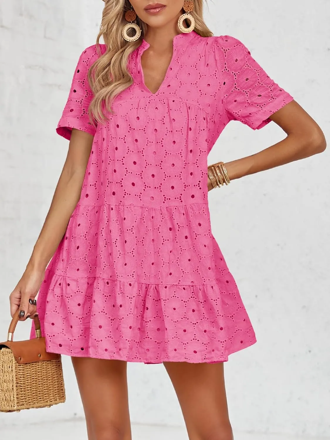 Imily Bela Womens Summer Lace Dresses Eyelet Casual Flowy Babydoll Swing Short Sleeve V Neck Tunic Dress