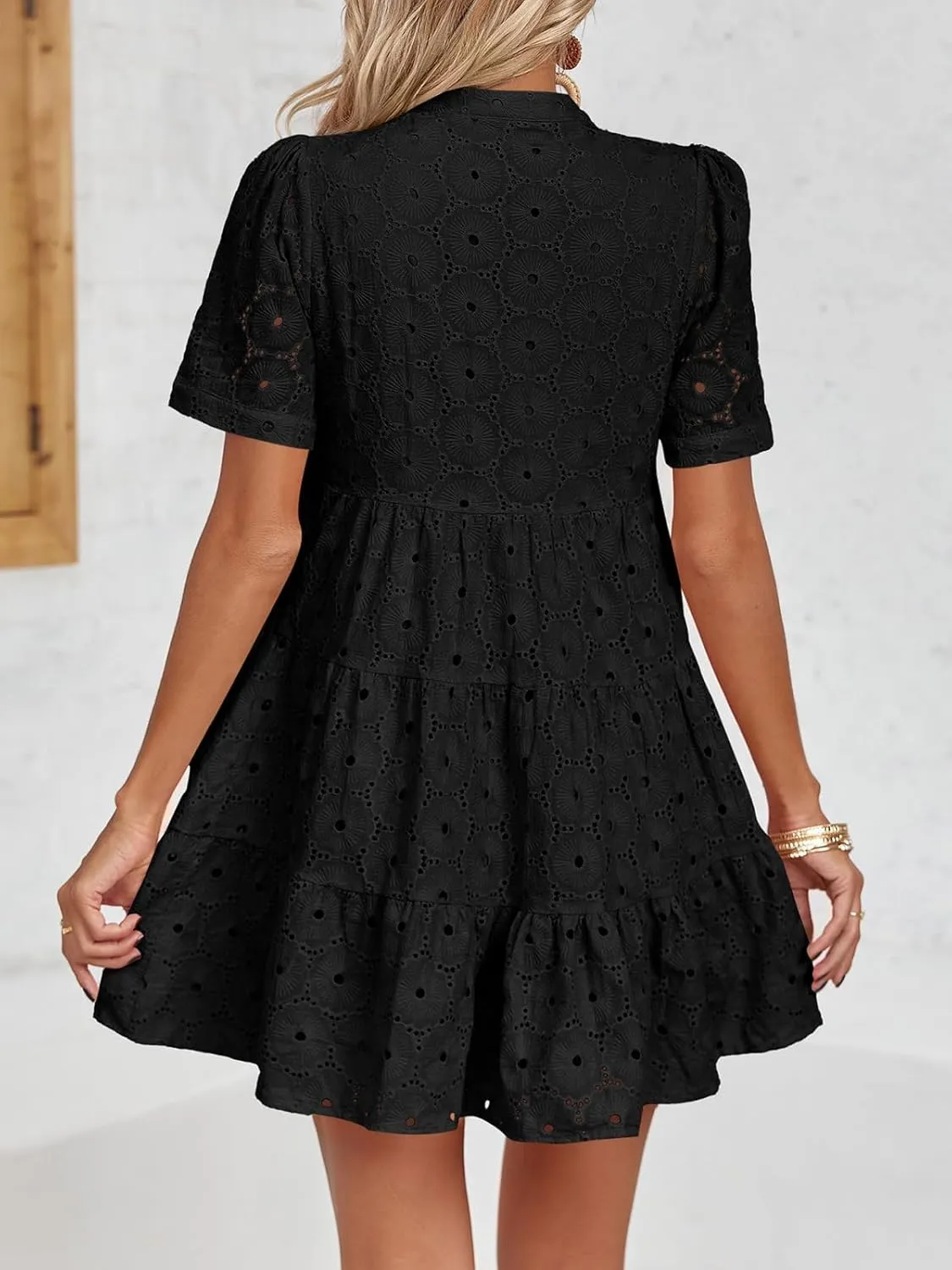 Imily Bela Womens Summer Lace Dresses Eyelet Casual Flowy Babydoll Swing Short Sleeve V Neck Tunic Dress