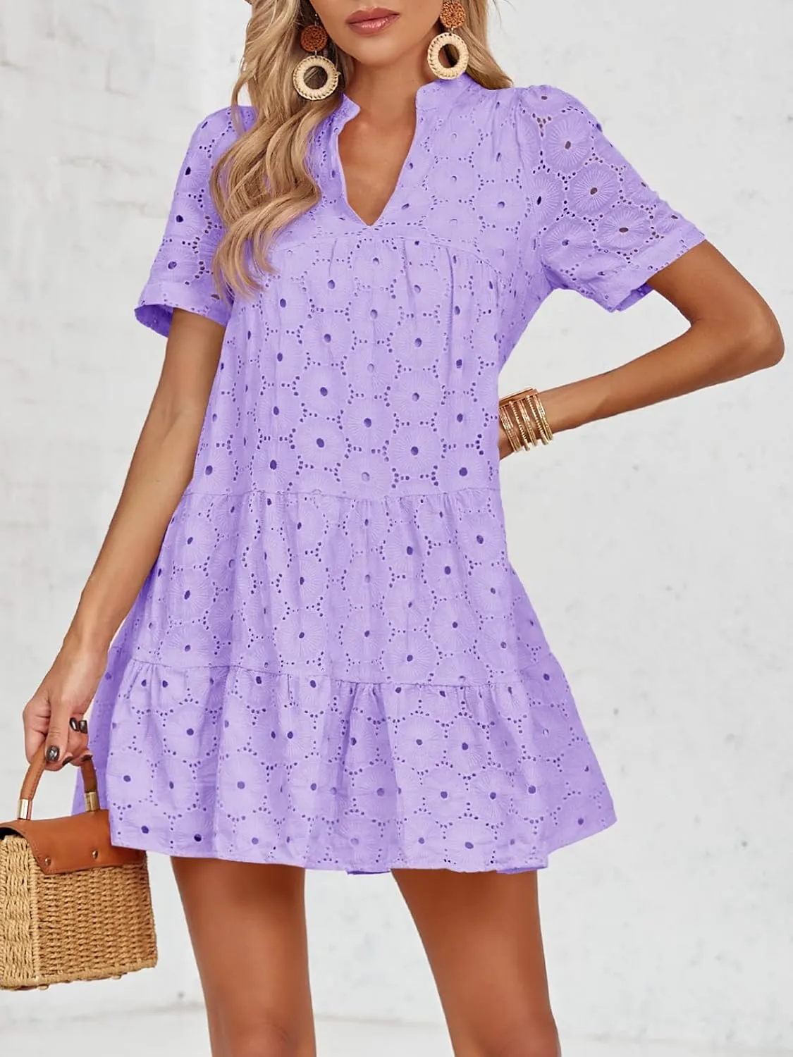 Imily Bela Womens Summer Lace Dresses Eyelet Casual Flowy Babydoll Swing Short Sleeve V Neck Tunic Dress