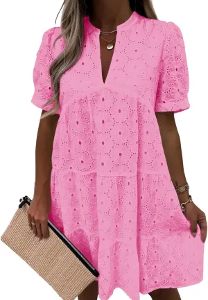 Imily Bela Womens Summer Lace Dresses Eyelet Casual Flowy Babydoll Swing Short Sleeve V Neck Tunic Dress