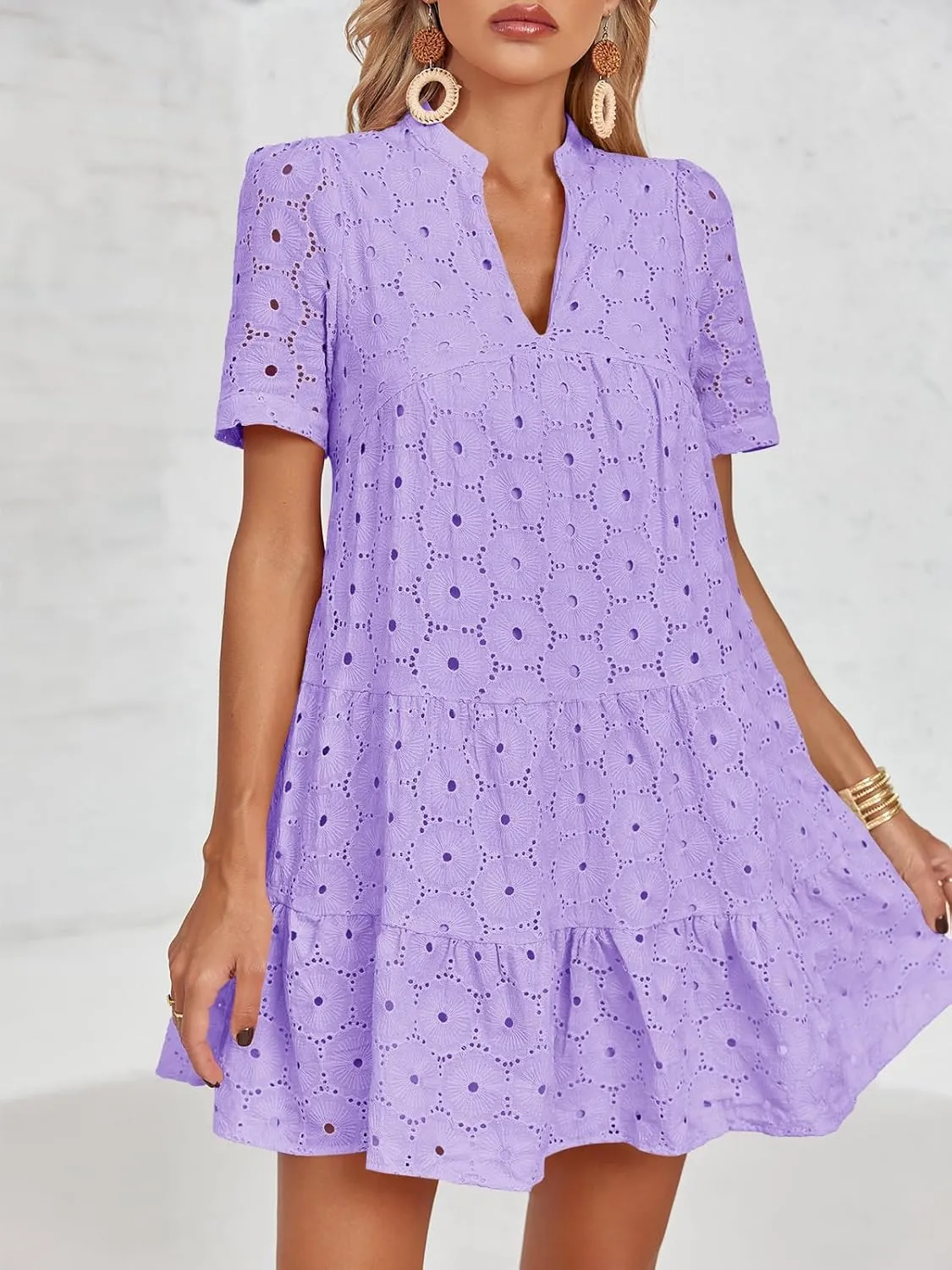 Imily Bela Womens Summer Lace Dresses Eyelet Casual Flowy Babydoll Swing Short Sleeve V Neck Tunic Dress