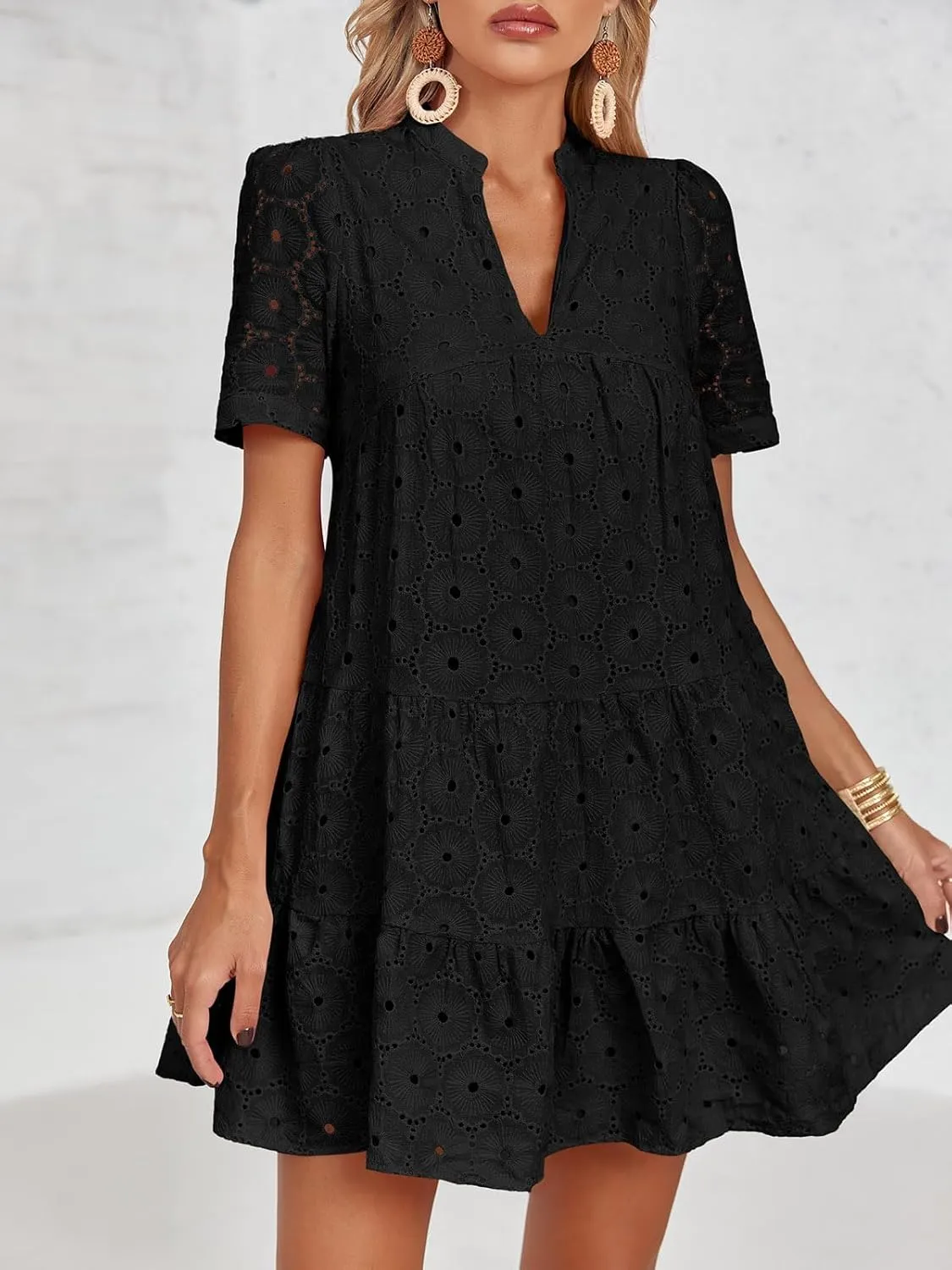 Imily Bela Womens Summer Lace Dresses Eyelet Casual Flowy Babydoll Swing Short Sleeve V Neck Tunic Dress