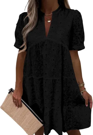 Imily Bela Womens Summer Lace Dresses Eyelet Casual Flowy Babydoll Swing Short Sleeve V Neck Tunic Dress