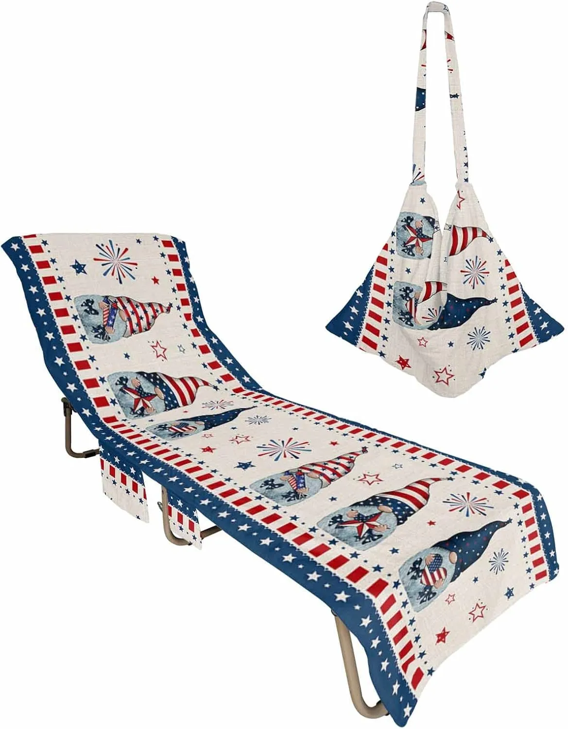 Independence Day Gnomes Beach Pool Patio Lounge Chaise Chair Cover Towel With Pockets,Absorbent & Quick Dry Microfiber Towel Cover Bag Summer Travel Accessories for Sunbathing Country 4th-of-July Flag