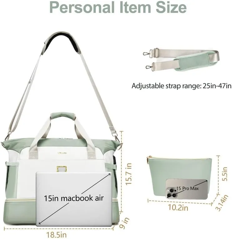 Initials Travel Bag for Women, Personalized Gym Bag with Shoes Compartment, Travel Duffel Bag with USB Charging Port, Weekender Overnight Bag for Women, Travel, Gym, Yoga Beige - A