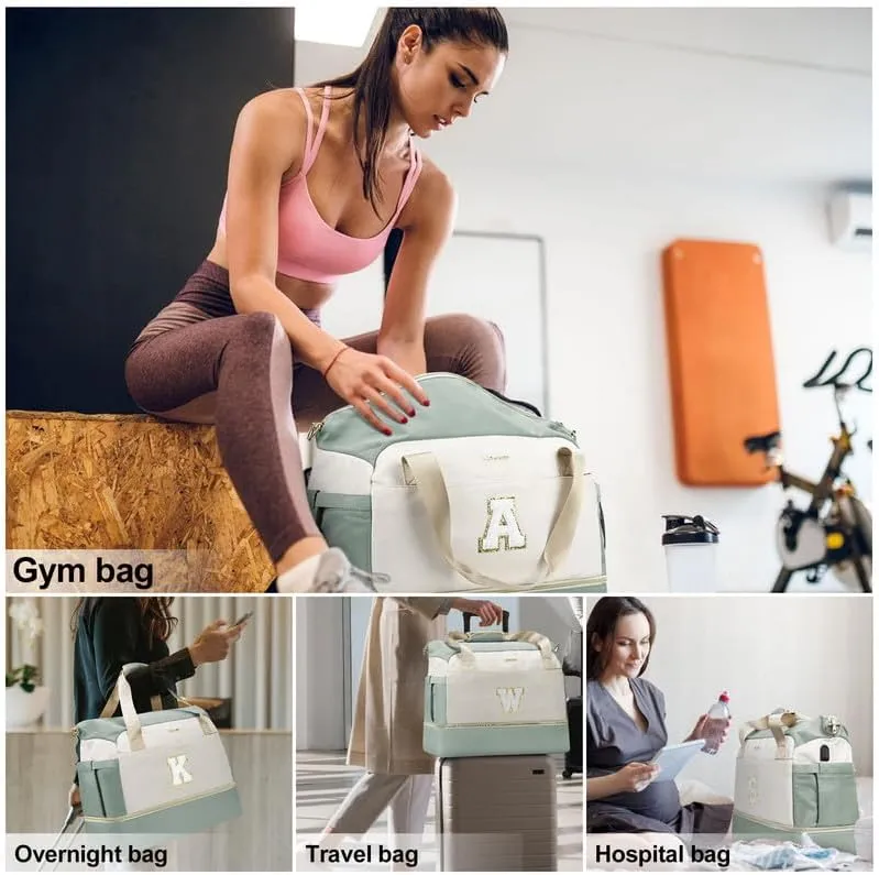 Initials Travel Bag for Women, Personalized Gym Bag with Shoes Compartment, Travel Duffel Bag with USB Charging Port, Weekender Overnight Bag for Women, Travel, Gym, Yoga Beige - A