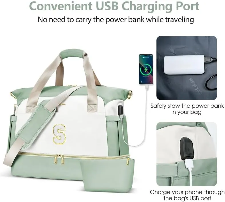 Initials Travel Bag for Women, Personalized Gym Bag with Shoes Compartment, Travel Duffel Bag with USB Charging Port, Weekender Overnight Bag for Women, Travel, Gym, Yoga Beige - A