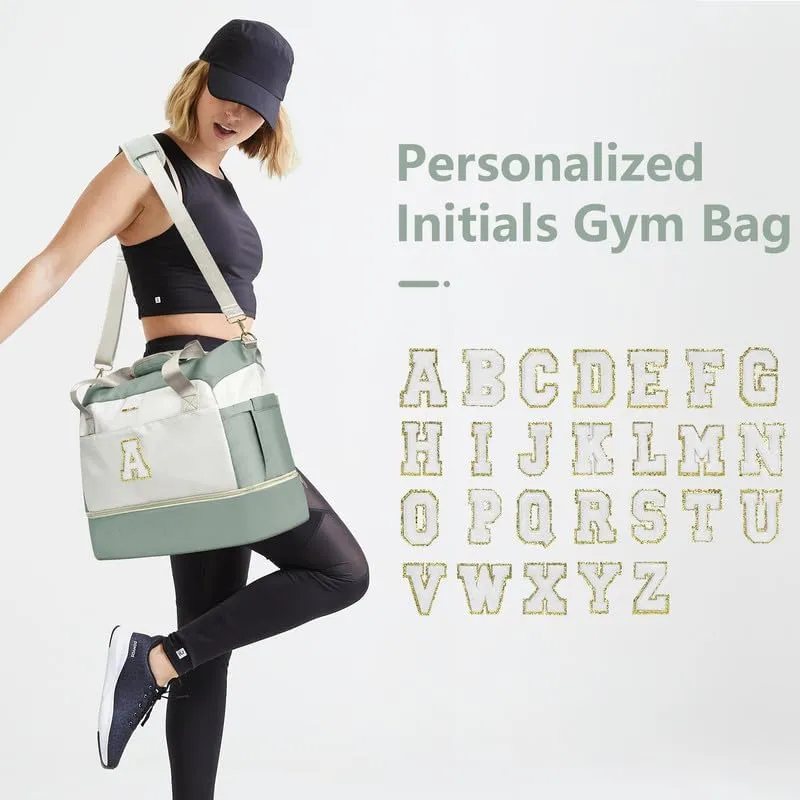 Initials Travel Bag for Women, Personalized Gym Bag with Shoes Compartment, Travel Duffel Bag with USB Charging Port, Weekender Overnight Bag for Women, Travel, Gym, Yoga Beige - A