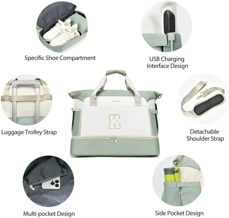 Initials Travel Bag for Women, Personalized Gym Bag with Shoes Compartment, Travel Duffel Bag with USB Charging Port, Weekender Overnight Bag for Women, Travel, Gym, Yoga Beige - A