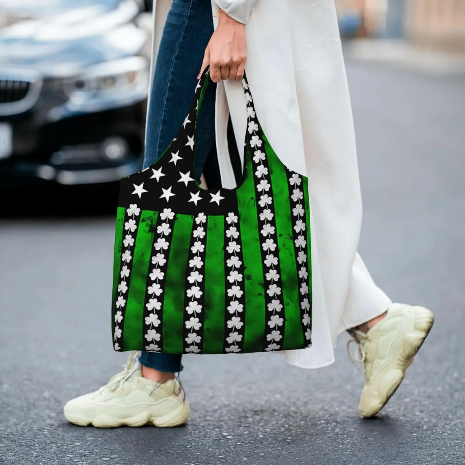 Irish American Flag Canvas Tote Bags Reusable Shopping Bag Handbag for Shopper Beach Gifts