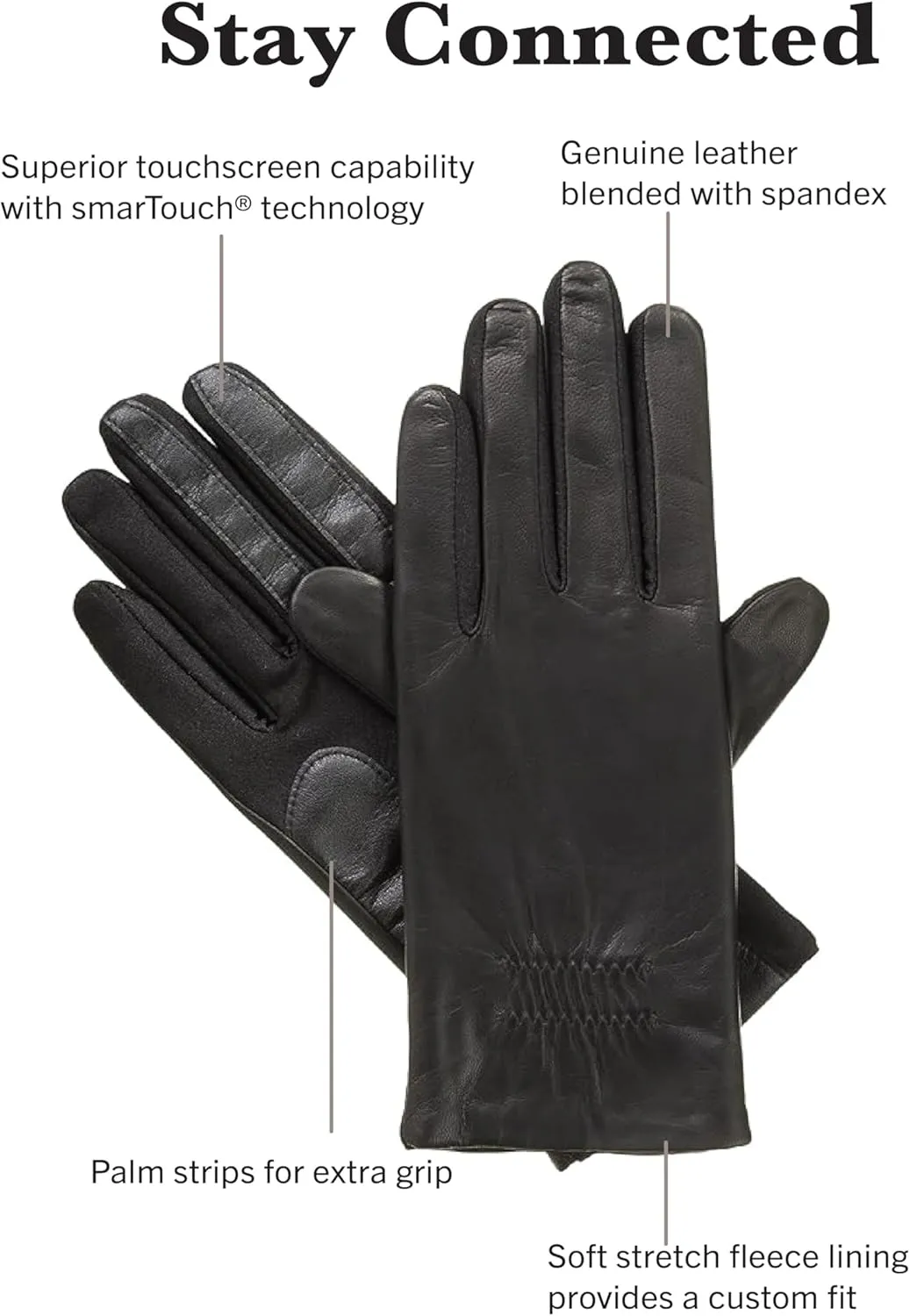 isotoner Women's Classic Stretch Leather Touchscreen Cold Weather Gloves, Fleece Lining