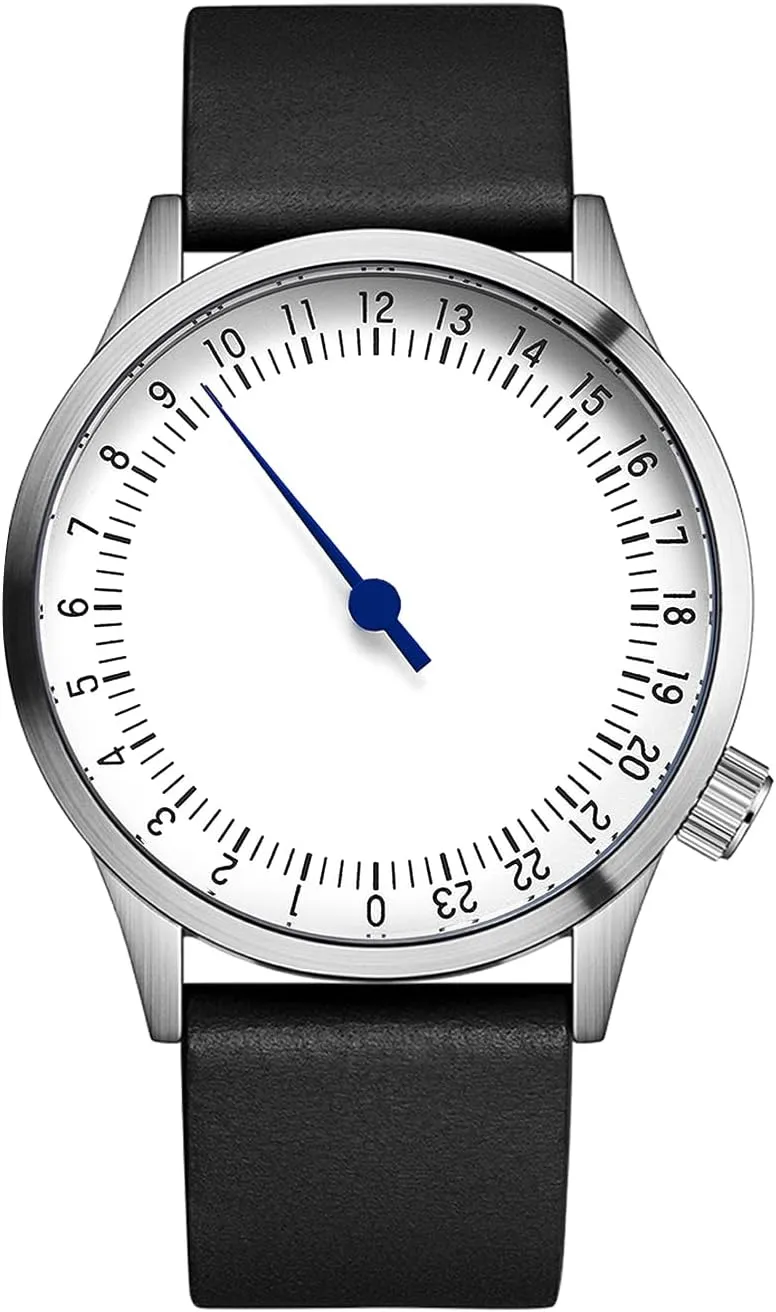 JIANDUN Swiss Movement Men's One Hand 24 Hour Watch Single Hand Black Case with Italian Leather Strap