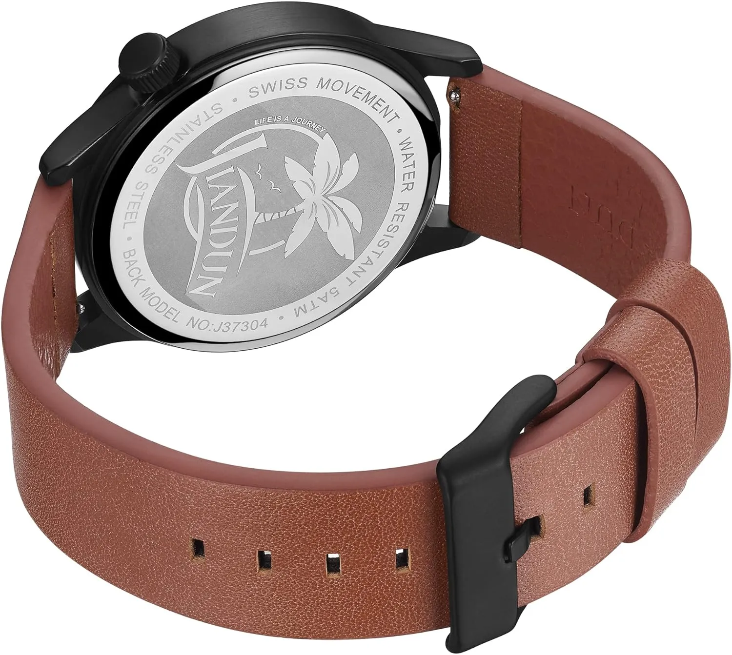 JIANDUN Swiss Movement Men's One Hand 24 Hour Watch Single Hand Black Case with Italian Leather Strap