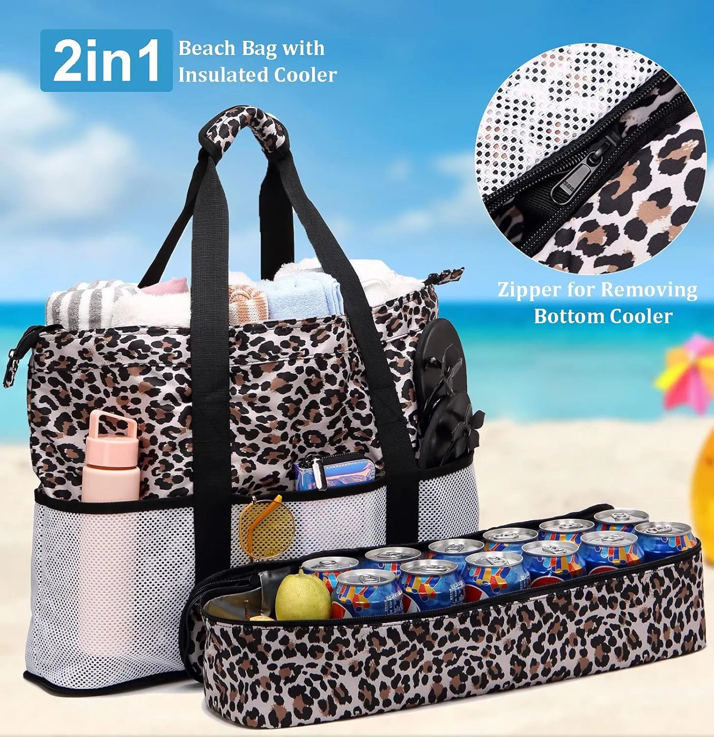 JIANYA Beach Bag Women Waterproof Sandproof Beach Tote Bags with Cooler Top Zipper Large Totes for Pool Travel Daily