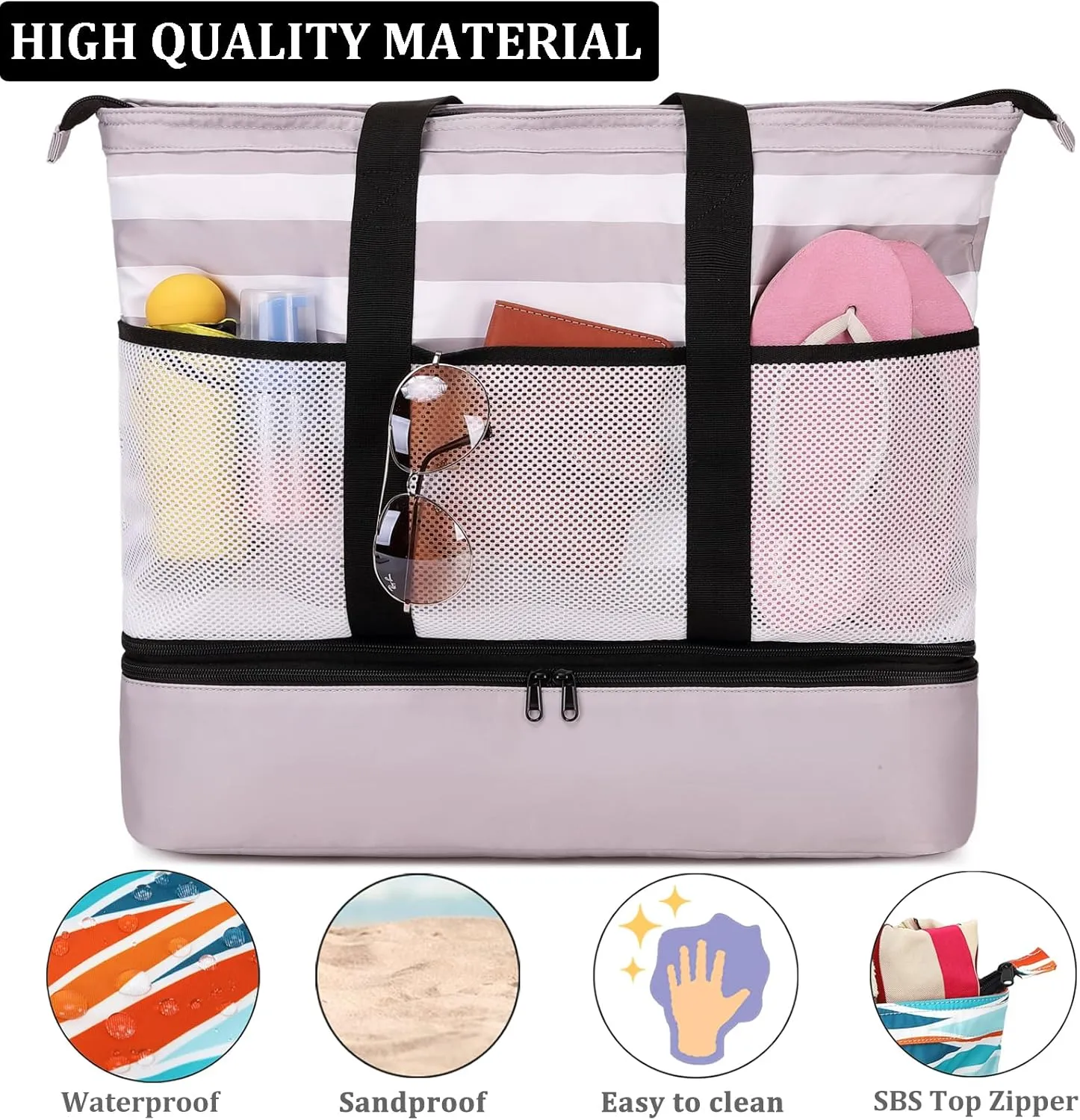 JIANYA Beach Bag Women Waterproof Sandproof Beach Tote Bags with Cooler Top Zipper Large Totes for Pool Travel Daily