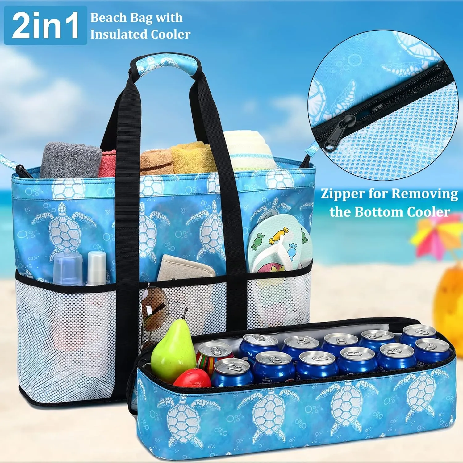 JIANYA Beach Bag Women Waterproof Sandproof Beach Tote Bags with Cooler Top Zipper Large Totes for Pool Travel Daily