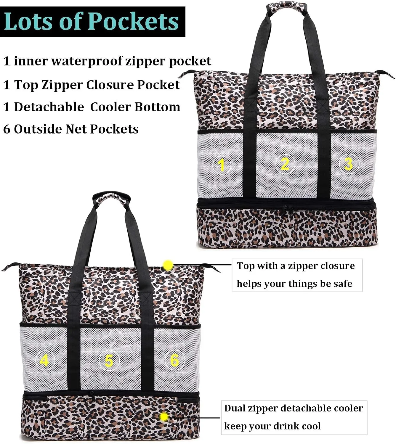 JIANYA Beach Bag Women Waterproof Sandproof Beach Tote Bags with Cooler Top Zipper Large Totes for Pool Travel Daily