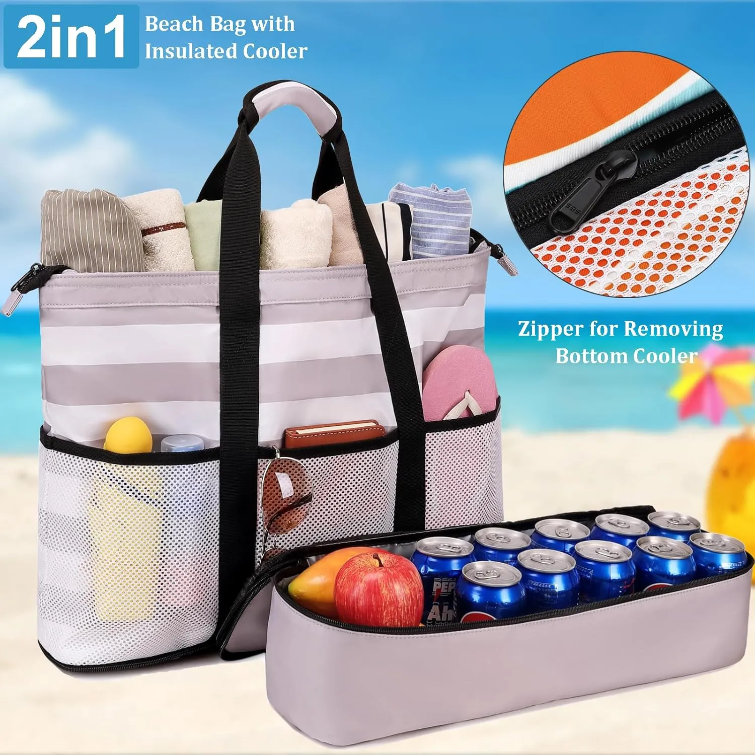 JIANYA Beach Bag Women Waterproof Sandproof Beach Tote Bags with Cooler Top Zipper Large Totes for Pool Travel Daily